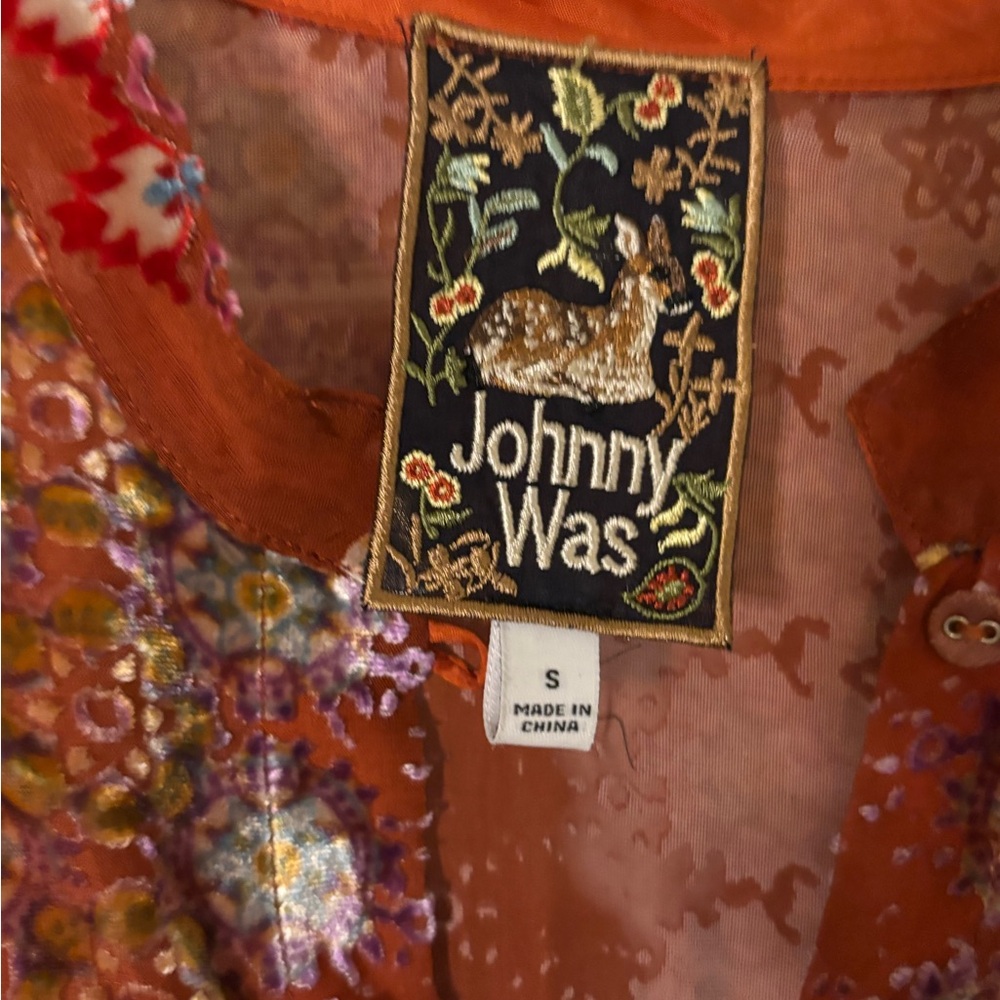 Johnny Was Orange Red Graphic Button Down Blouse